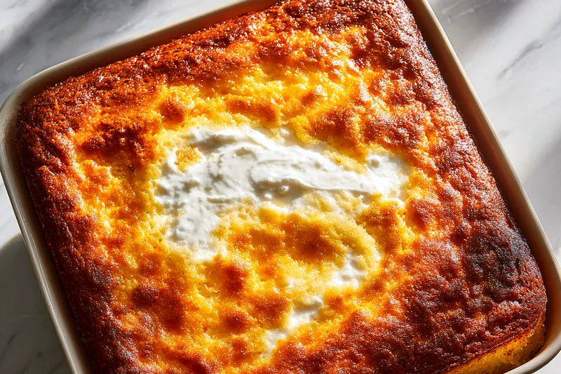 Process shot showing golden batter being poured into a greased rectangular baking pan, with bowls of syrup and crushed pistachios ready nearby
