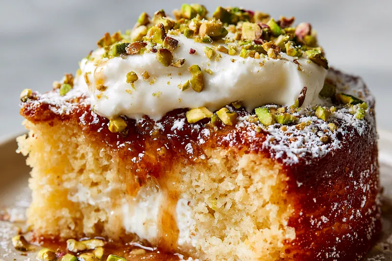 Overhead view of ingredients for Turkish Revani arranged on a marble surface including bowls of fine semolina flour, sugar, eggs, yogurt, pistachios, and fresh lemons