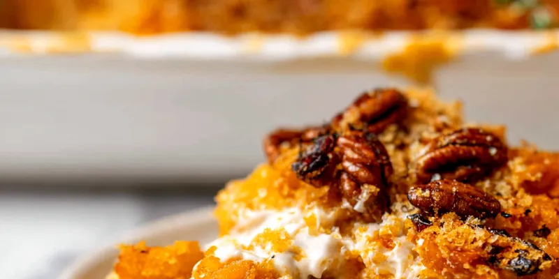 Golden-brown leftover casserole with bubbling cheese top and visible herbs in white baking dish
