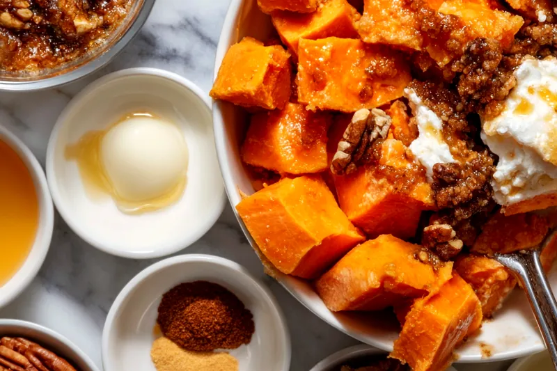 Overhead view of casserole ingredients including bowls of cheese, vegetables, cream soup, and seasonings on marble surface