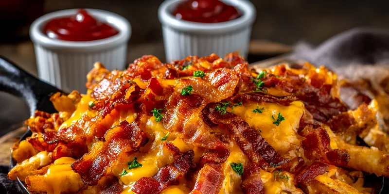 Towering pile of crispy golden french fries loaded with melted orange cheddar and white mozzarella cheese dripping down the sides, topped with chopped crispy bacon pieces and green parsley, served in a black metal basket on a rustic wooden board