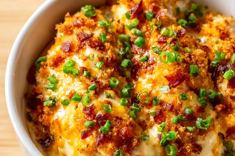 Close-up of loaded potato casserole being scooped with a serving spoon, showing creamy interior with melted cheese and bacon