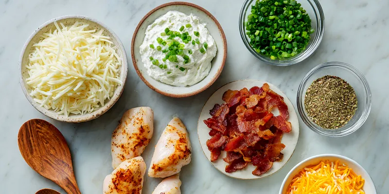 Golden loaded baked potato casserole in white baking dish topped with melted cheese, bacon, and fresh scallions