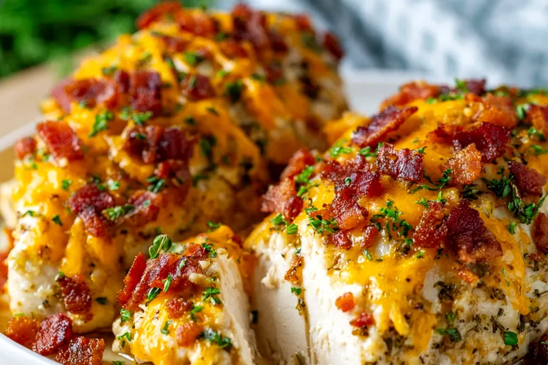 Flat lay of all ingredients for loaded potato casserole including mashed potatoes, cheese, bacon, scallions, and breadcrumbs on marble surface