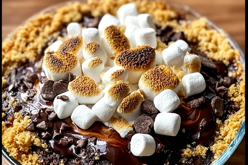Close-up action shot of hands using a kitchen torch to toast white marshmallows on top of a chocolate pie, with some marshmallows turning golden brown and others still white, chocolate chips scattered around