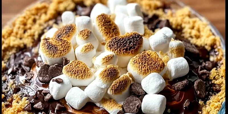 Overhead view of a golden S'mores Pie in a glass pie dish with toasted marshmallows piled in the center, melted chocolate ganache visible, chocolate chips scattered throughout, and graham cracker crumbs around the edges on a wooden table