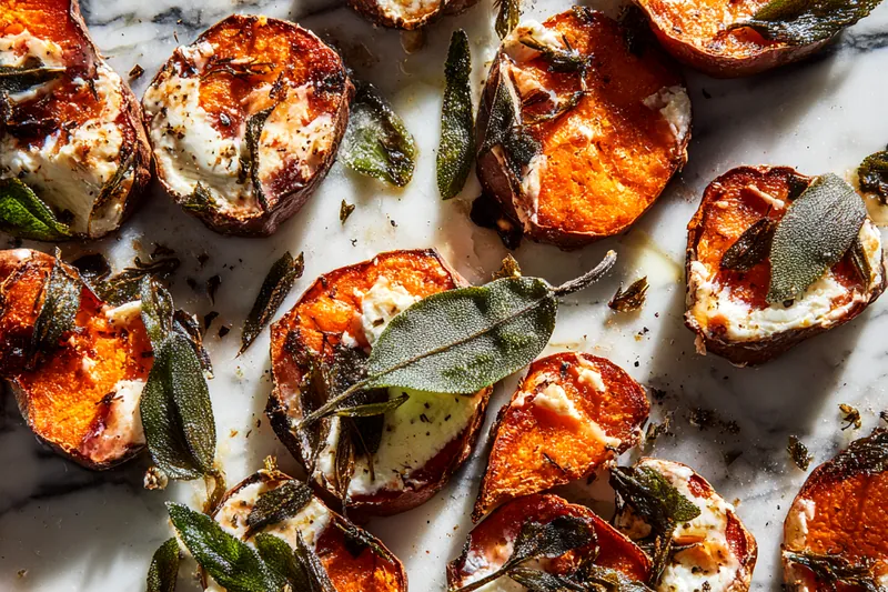 Cooked sweet potato goat cheese sage dish ready to serve