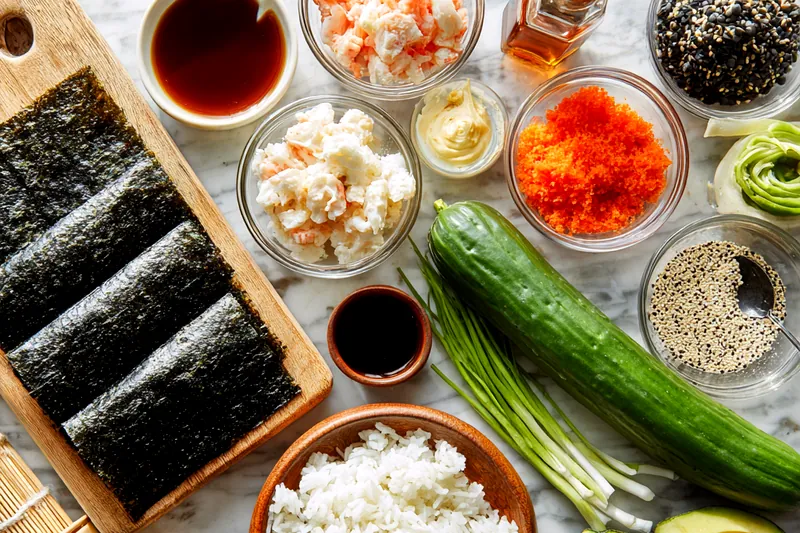 Close-up of Volcano Roll being torched, showing golden brown caramelization forming on the spicy mayo topping with bubbling effect