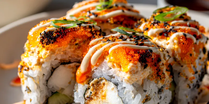 Golden torched Volcano Rolls topped with spicy mayo seafood mixture, masago, scallions and sesame seeds on white platter