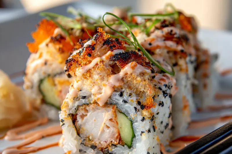 Overhead view of all Volcano Roll ingredients including sushi rice, nori sheets, fresh shrimp, crab, cucumber, avocado, mayonnaise, sriracha, and garnishes arranged on white surface