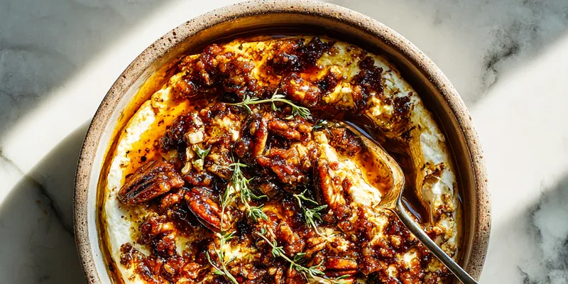 Overhead view of creamy whipped honey ricotta in a rustic ceramic bowl topped with glossy candied pecans and fresh thyme, with a vintage spoon and marble background