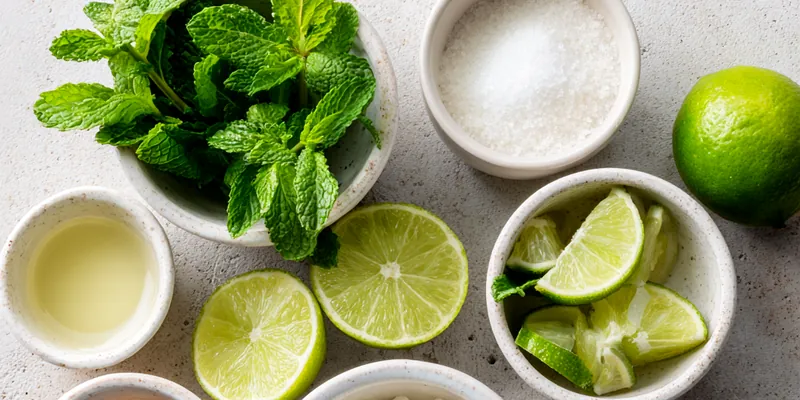 White Christmas Mojito in elegant glass with sugared rim, mint garnish, and cranberries against holiday backdrop