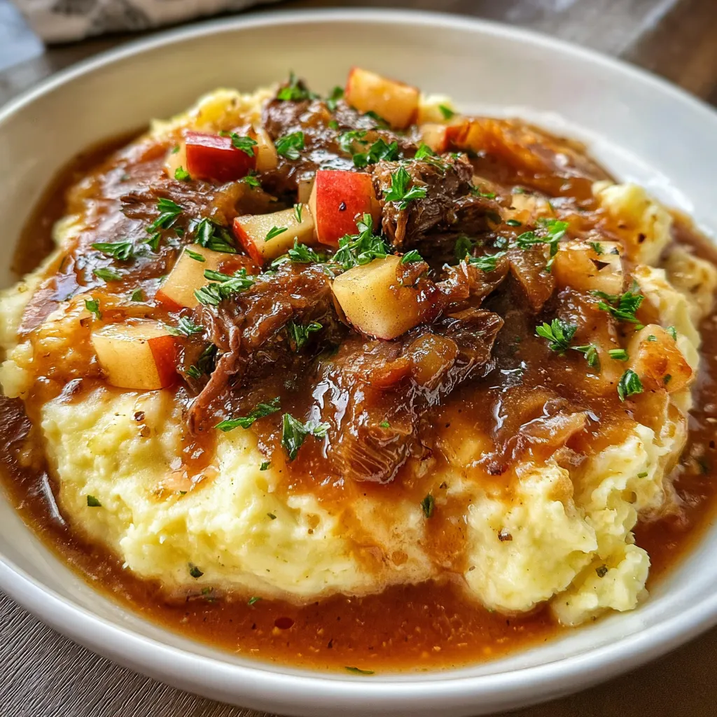 Hearty Fall Apple Cider Stew Served over Creamy Garlic Mashed Potatoes - tertiary view