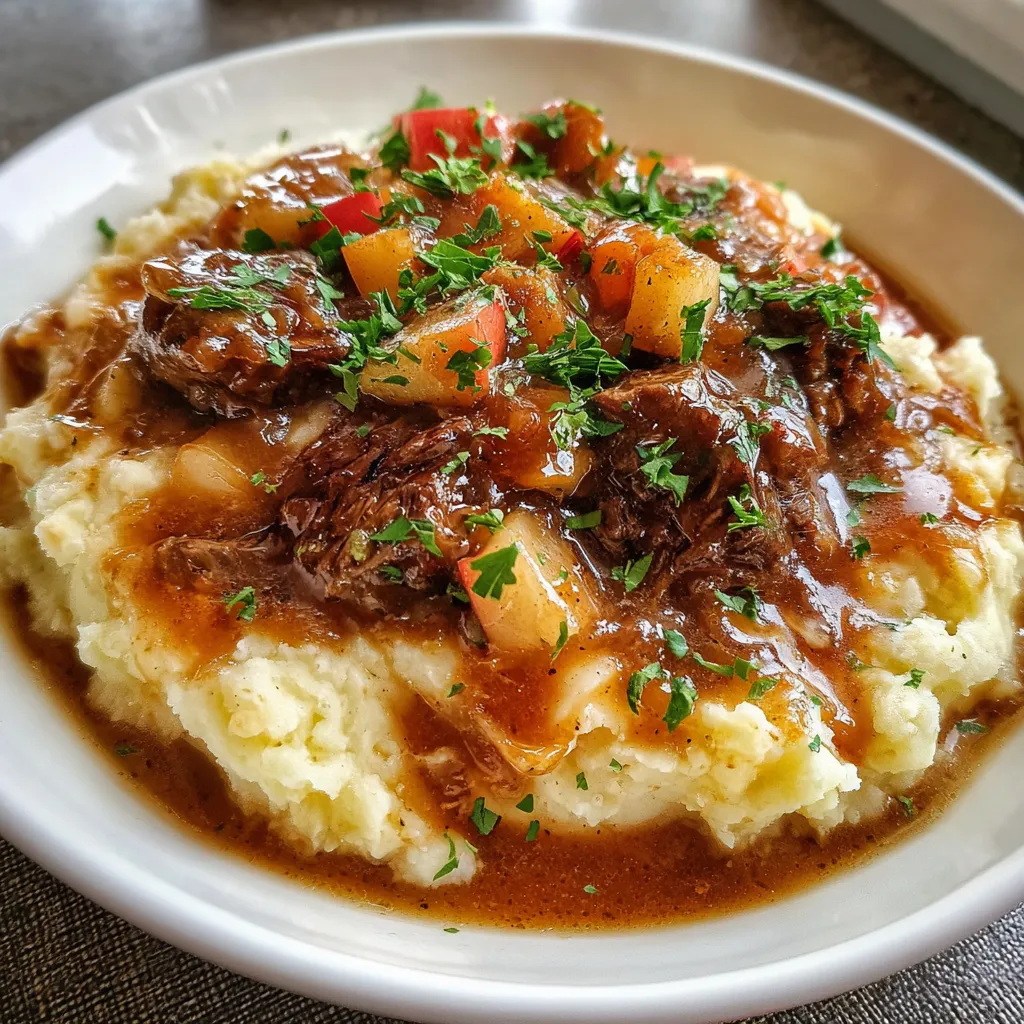 Hearty Fall Apple Cider Stew Served over Creamy Garlic Mashed Potatoes - secondary view