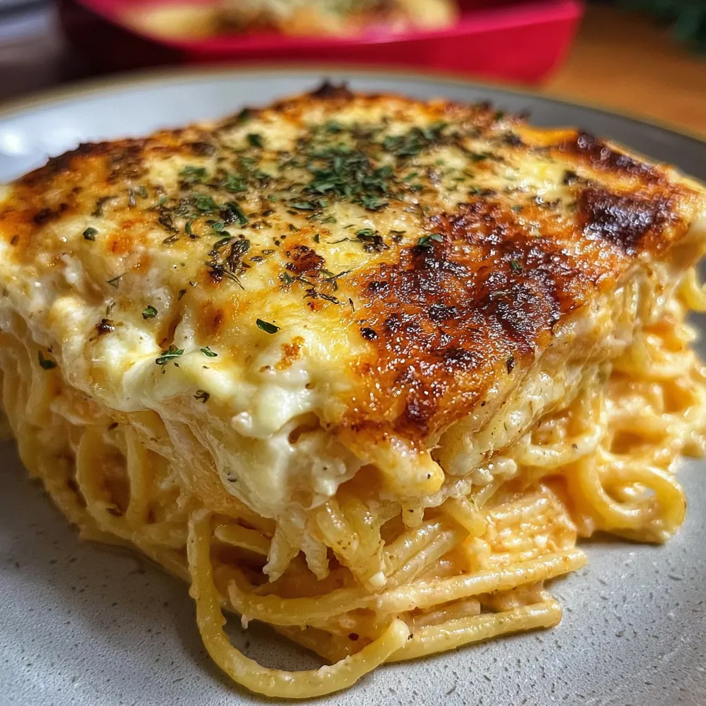 Creamy Baked Cream Cheese Spaghetti Casserole with Three Cheese Blend - secondary view