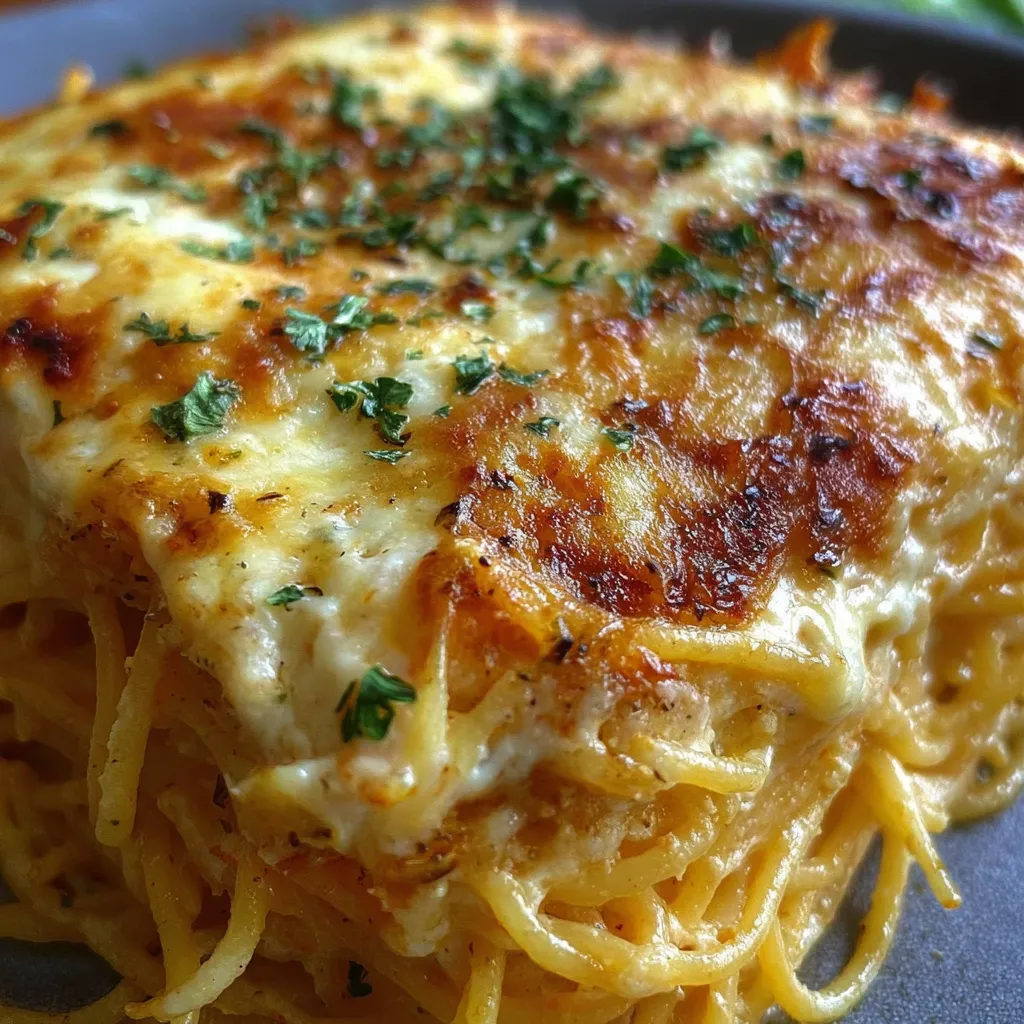 Creamy Baked Cream Cheese Spaghetti Casserole with Three Cheese Blend - main view