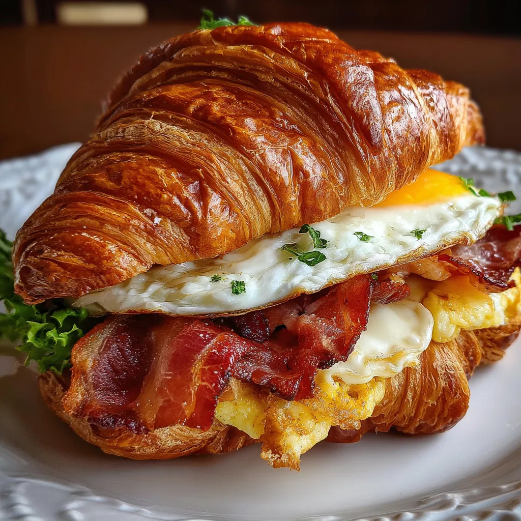 Ultimate Breakfast Croissant Sandwich with Scrambled Eggs and Crispy Bacon - main view