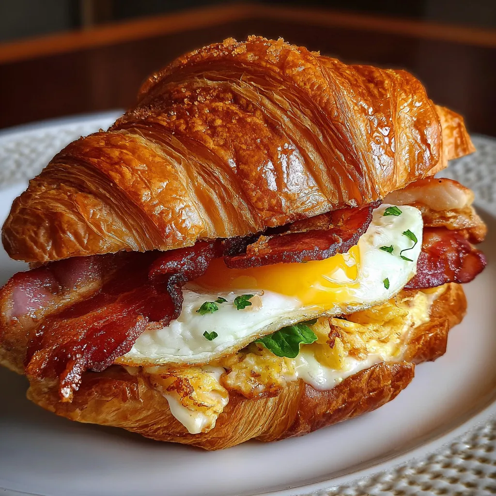 Ultimate Breakfast Croissant Sandwich with Scrambled Eggs and Crispy Bacon - secondary view