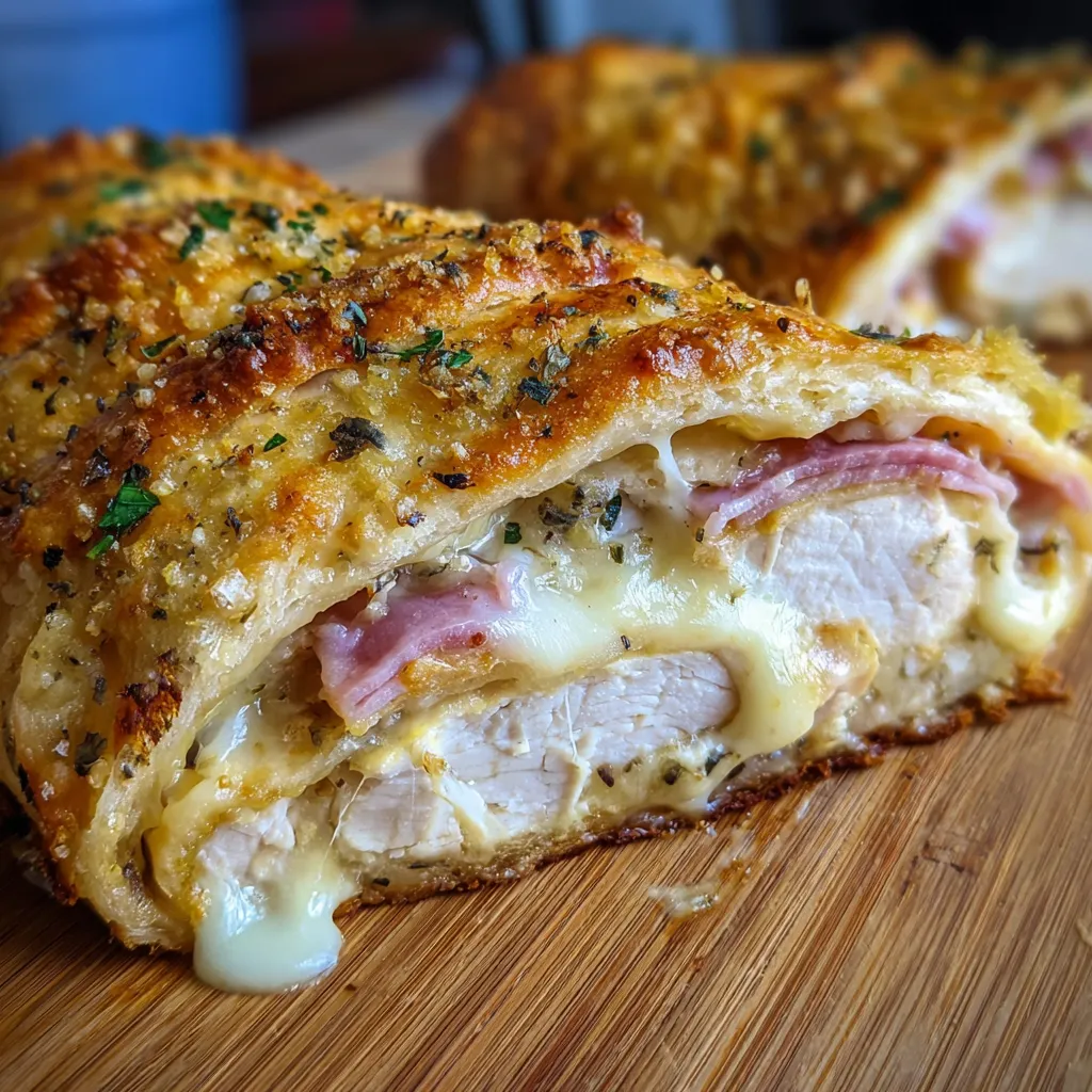 Ultimate Chicken Cordon Bleu Stromboli with Ham and Swiss Cheese - main view