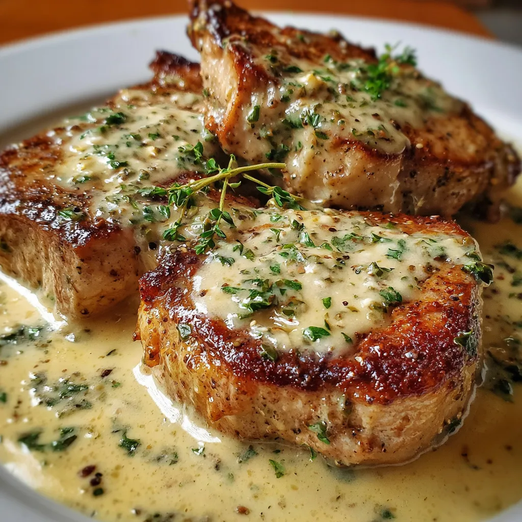 Smothered Boneless Pork Chops in Rich Creamy Garlic Sauce with Herbs - main view
