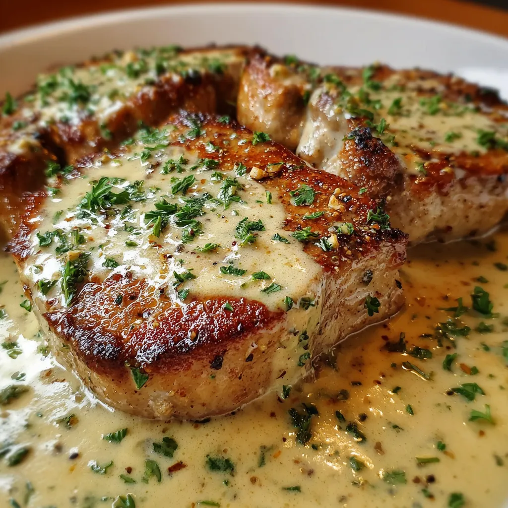 Smothered Boneless Pork Chops in Rich Creamy Garlic Sauce with Herbs - secondary view