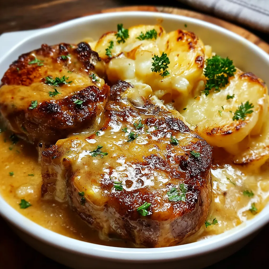 Indulgent Smothered Pork Chop and Scalloped Potato Casserole with Rich Gravy