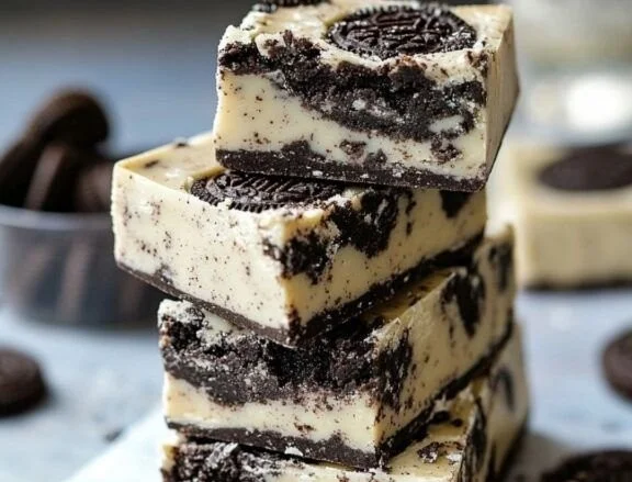 Delicious 3-Ingredient Oreo fudge ready to enjoy, featuring creamy chocolate and Oreo bits.