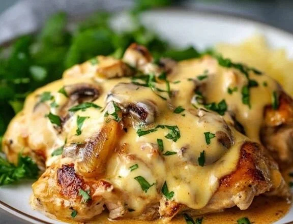 A savory plate of Alice Springs Chicken garnished with fresh herbs.