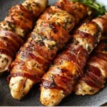 Delicious bacon-wrapped chicken tenders served on a plate