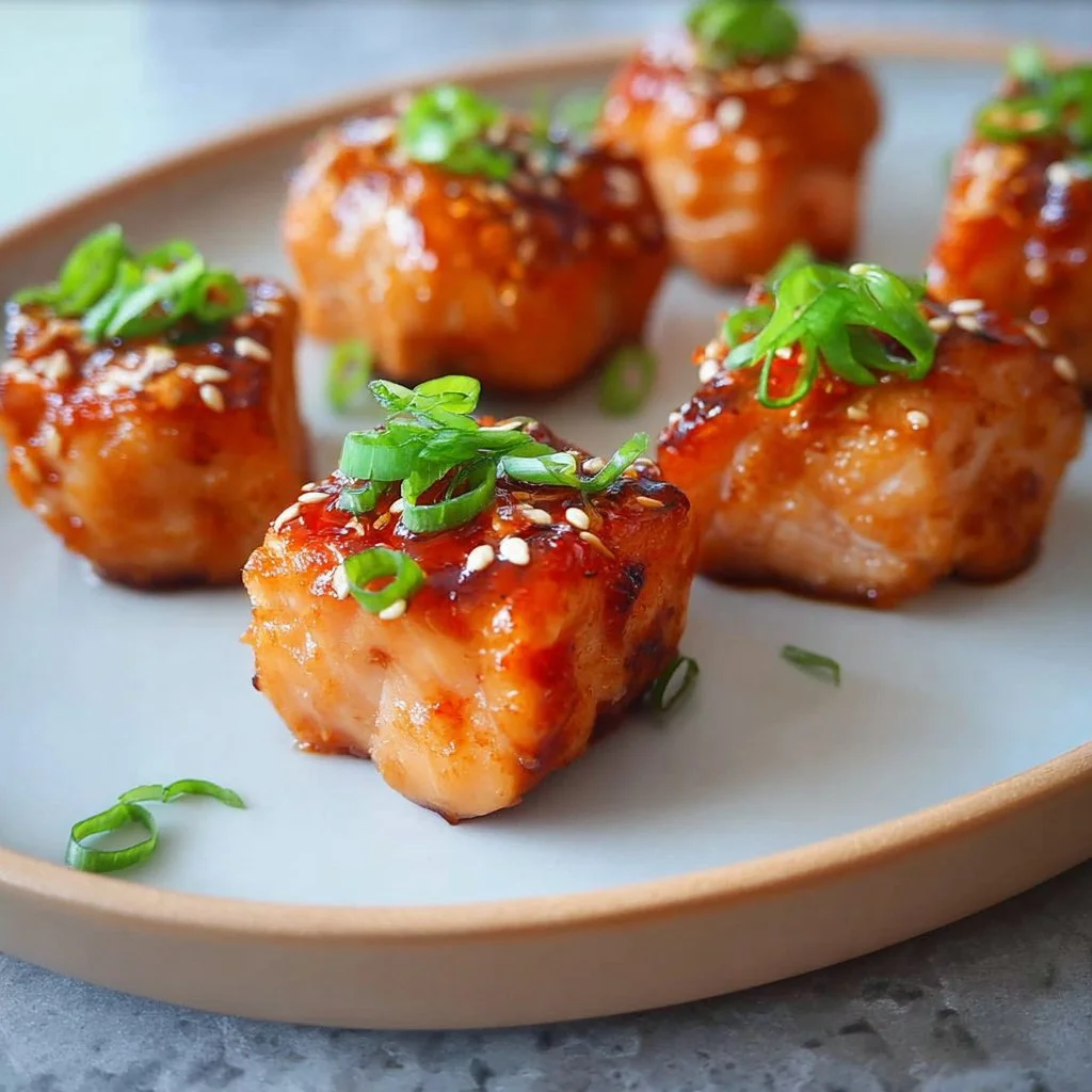 Bang Bang Salmon Bites with spicy sauce served in a bowl.