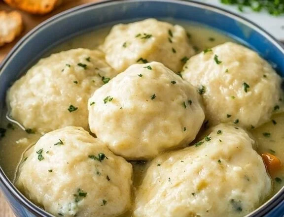 Fluffy Bisquick dumplings served in a bowl with soup.