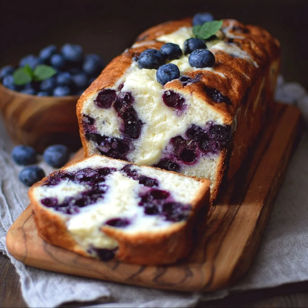 Freshly baked Blueberry Cream Cheese Bread with blueberries and cream cheese swirl
