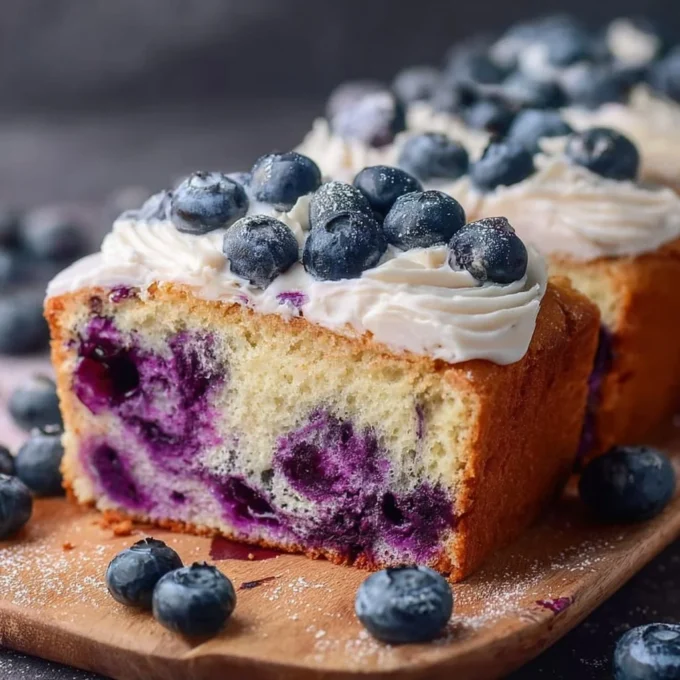 Homemade blueberry loaf with fresh blueberries on a wooden table