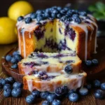 Blueberry poppy seed pound cake on a rustic wooden table