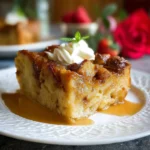 Delicious homemade bread pudding served with a creamy sauce