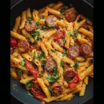 Creamy Cajun Sausage Pasta with spicy sausage and herbs served in a bowl.