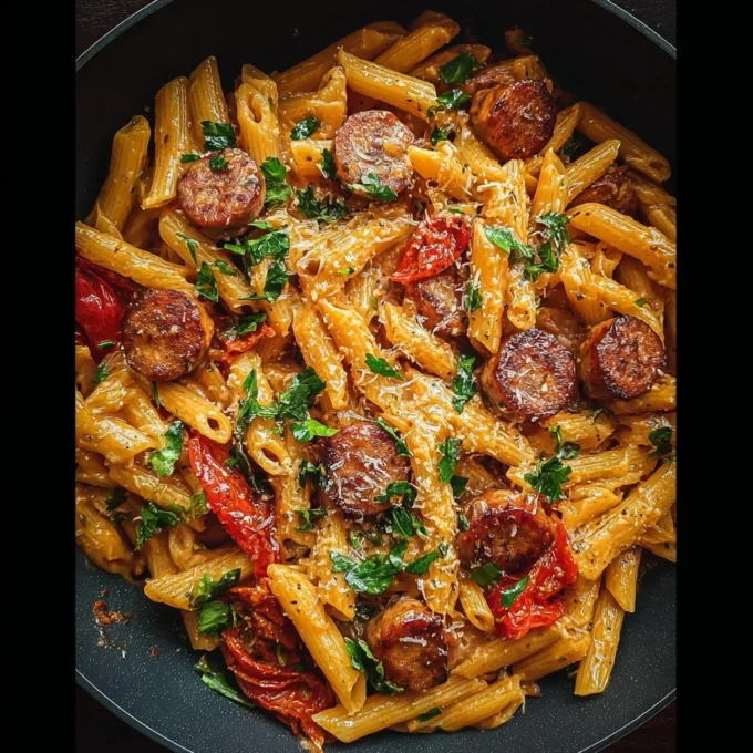 Creamy Cajun Sausage Pasta with spicy sausage and herbs served in a bowl.