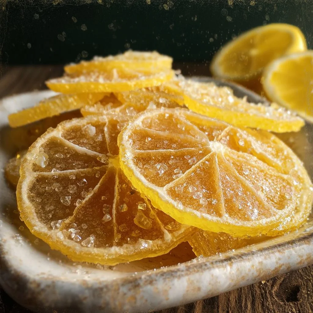 Delicious candied lemon slices on a plate, perfect for desserts.