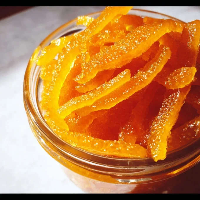 Homemade candied orange peel in syrup, perfect for desserts and baking.