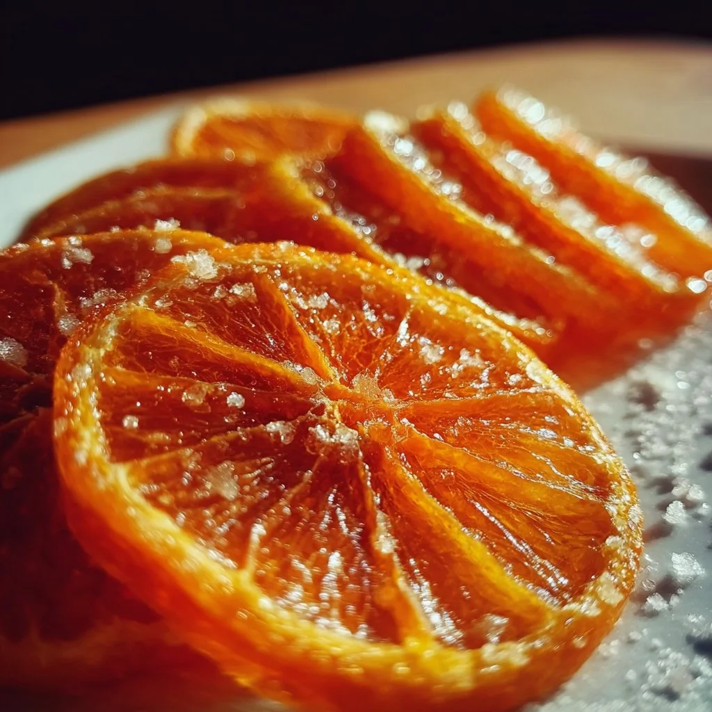 Delicious candied orange slices on a decorative plate