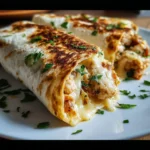 Cheesy garlic chicken wraps served on a plate with fresh garnishes