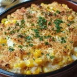 Delicious cheesy scalloped corn casserole baked to perfection in a casserole dish.