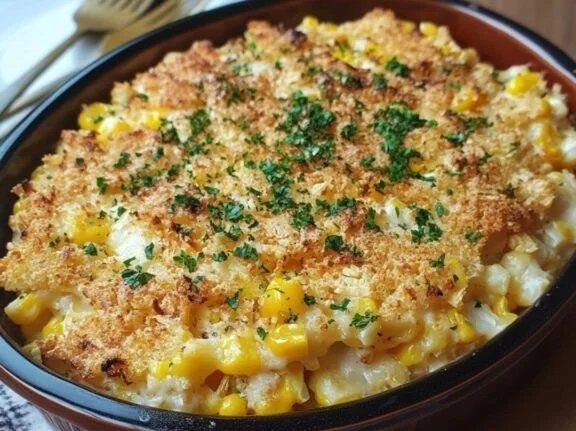Delicious cheesy scalloped corn casserole baked to perfection in a casserole dish.