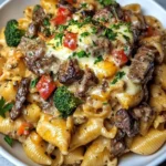 Cheesy steak pasta dish topped with melted cheese and herbs
