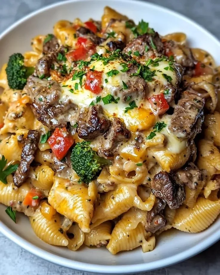 Cheesy steak pasta dish topped with melted cheese and herbs