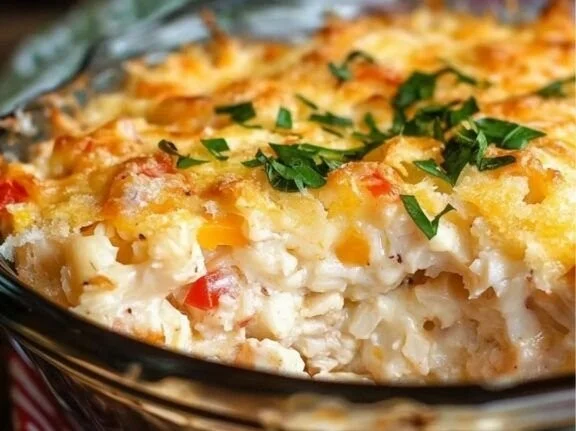 Delicious crab casserole topped with cheese and herbs, served in a baking dish.