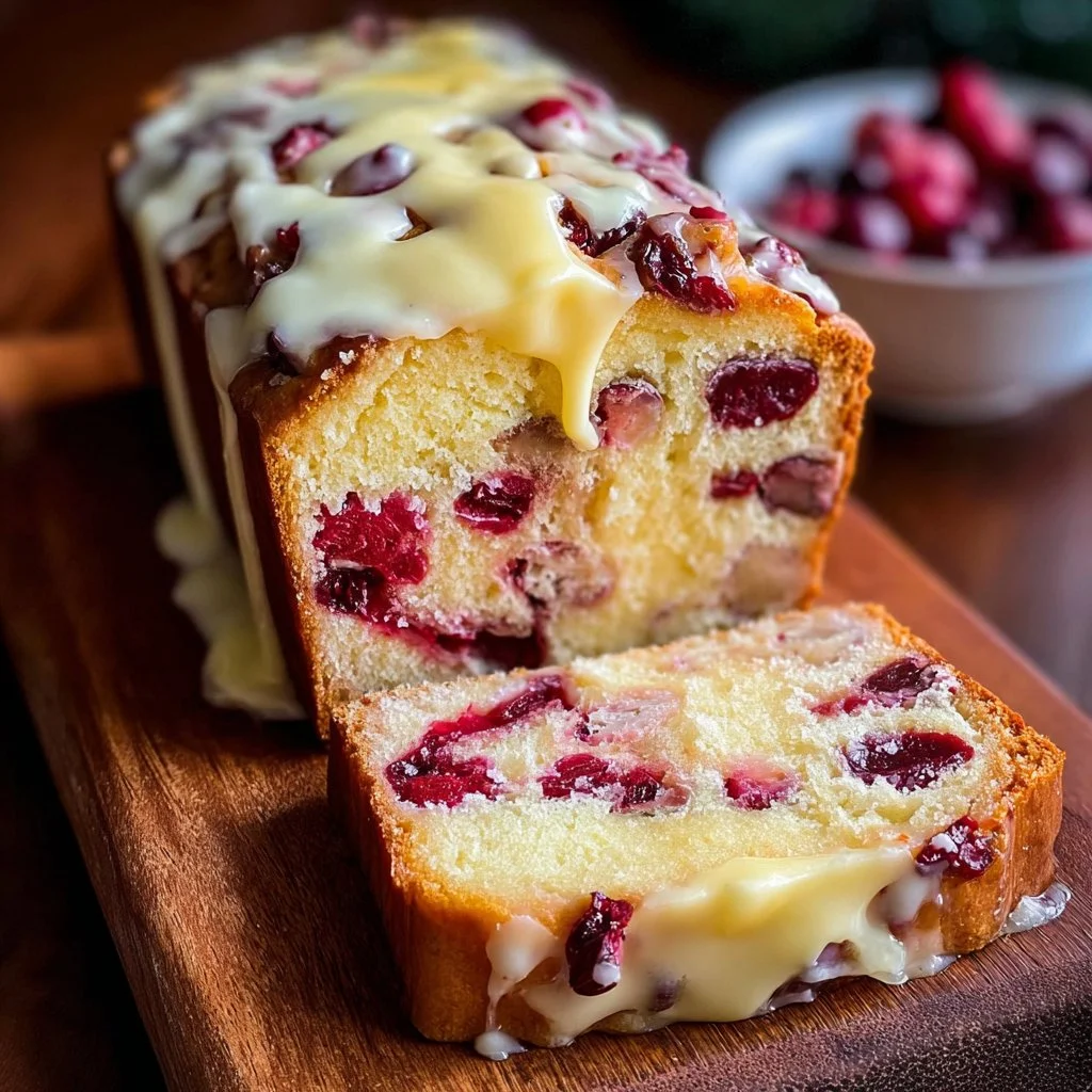 Delicious slice of Cranberry Cheesecake Pound Cake topped with cranberries