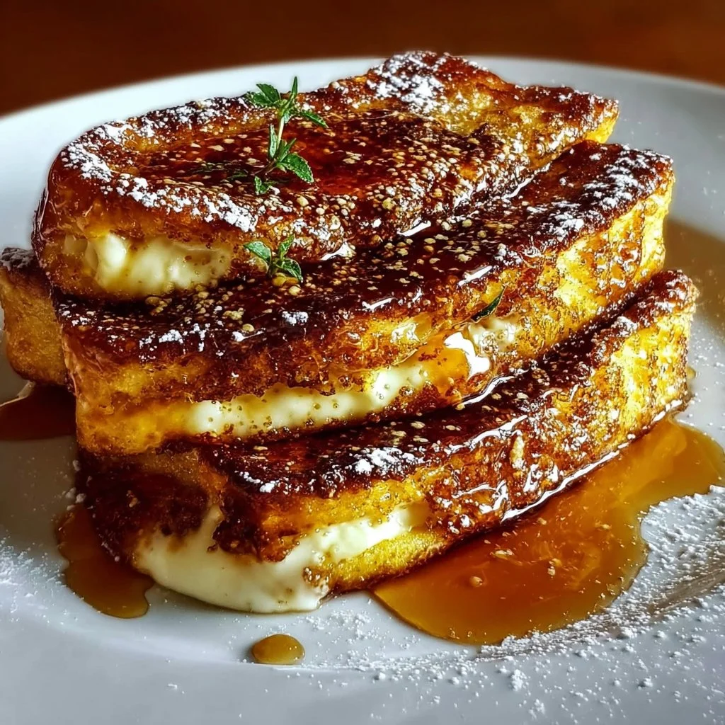 Delicious Crème Brûlée French Toast topped with caramelized sugar and fresh berries