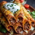 Crispy cheesy beef taquitos garnished with fresh ingredients