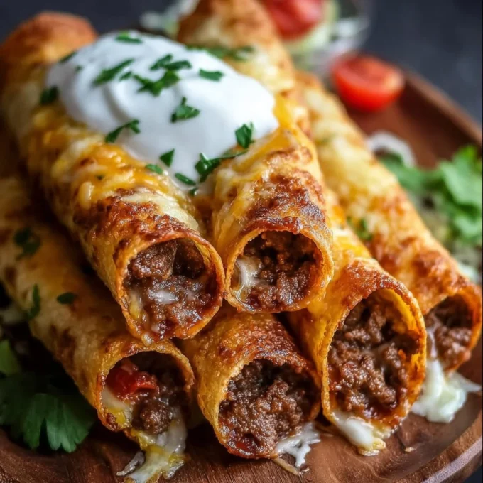 Crispy cheesy beef taquitos garnished with fresh ingredients